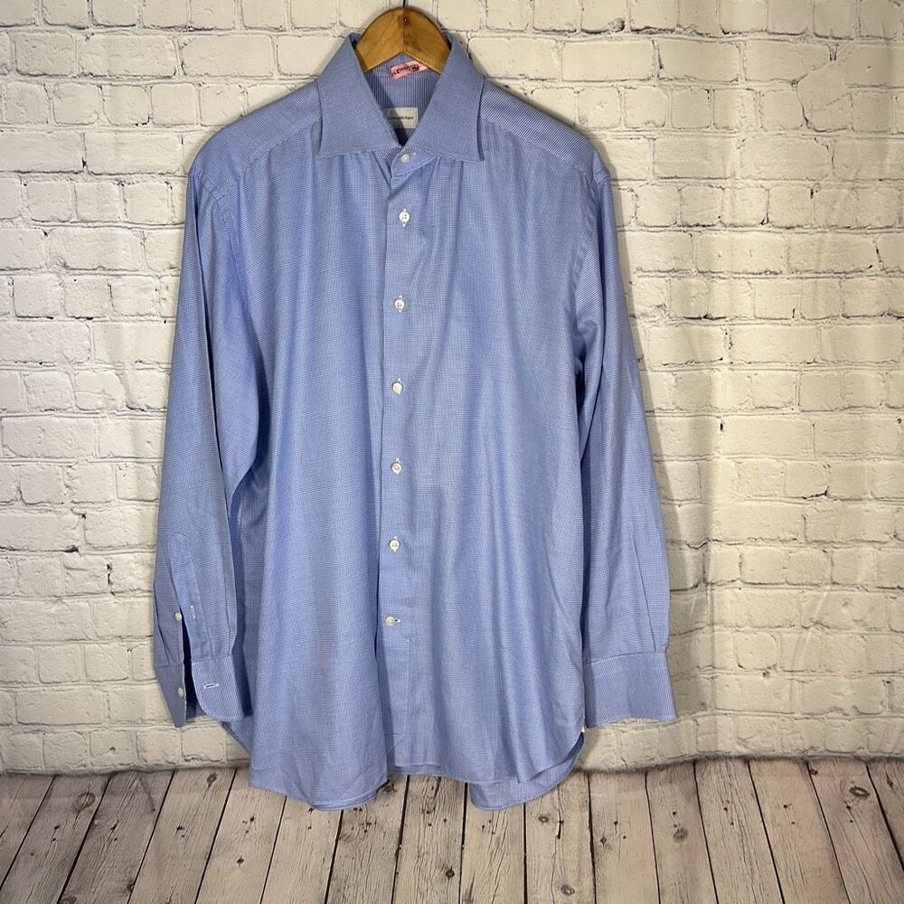 Ermenegildo Zegna Mens Blue White Houndstooth Dress‎ Shirt size 43/17